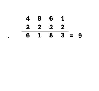 Math puzzle with numbers 4861 on top, 2222 below, and 6183 below that. A dot is on the left, sum equals 9. White background.