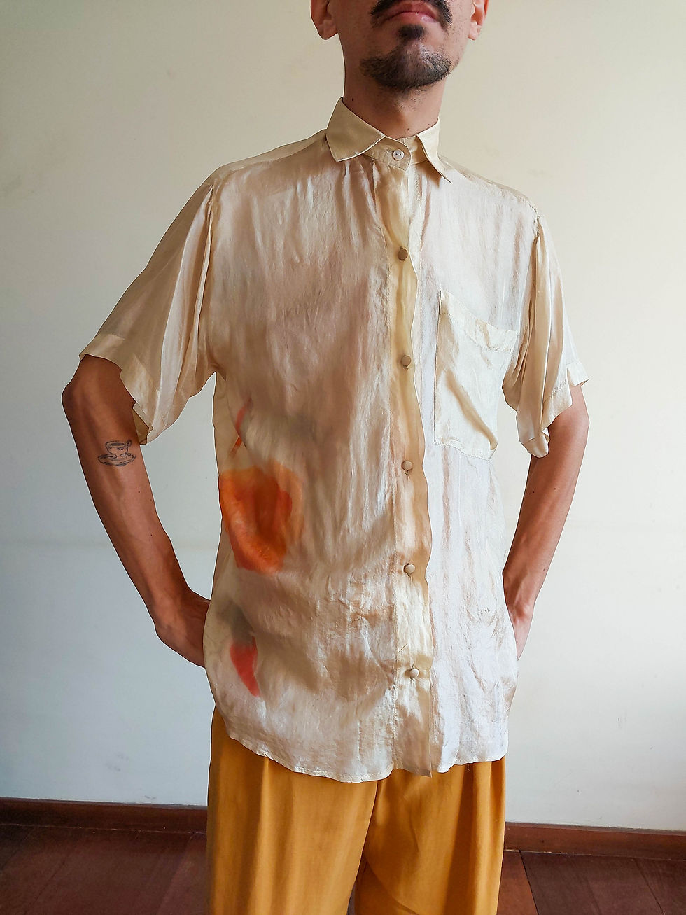 Miniatura: Camisa Vintage Lucky em seda pura pintada a mão (tam M)