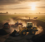 Front-end loader moving compost in a field at sunrise