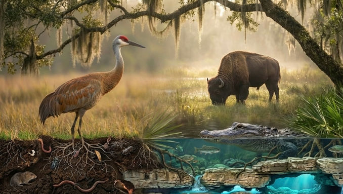 Florida ecosystem with crane, bison, and alligator