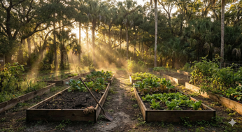 Sunlit raised garden beds in Florida