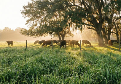Cows grazing in a sunny, misty green field