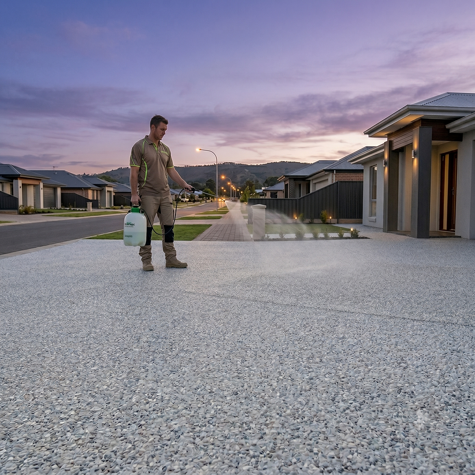 A professional tradesman in workwear standing on a wide residential driveway, using a manual pump pack pressure sprayer to evenly apply a clear sealer across a clean, light-grey exposed aggregate concrete surface. The entire driveway maintains its beautiful, true-to-life natural stone appearance without any artificial dark or brown discoloration, set against a modern Australian suburban house backdrop during sunset.