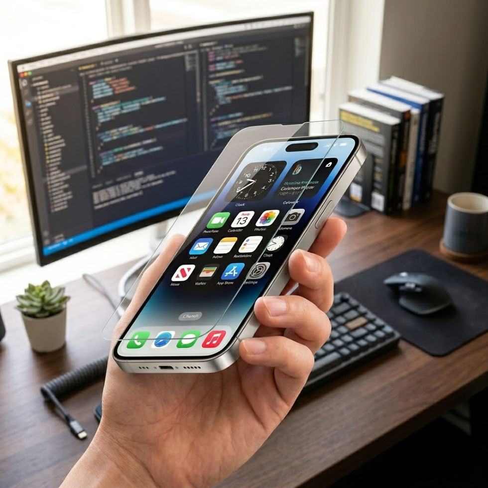 Hand holding smartphone with custom screen protector design software on desktop setup”