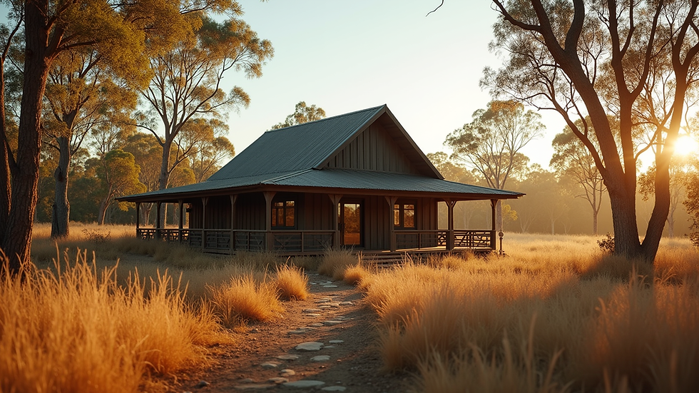Eye-level view of a rustic hunting lodge surrounded by Australian bushland