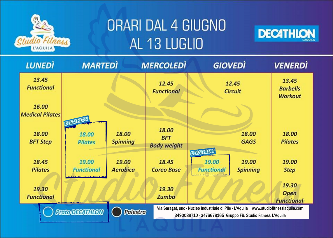 orario estivo 2018 studio fitness L'Aquila