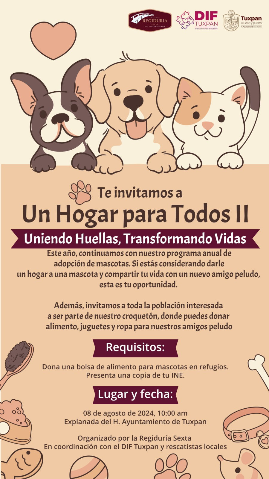 JUEVES 8 DE AGOSTO SE REALIZARÁ LA SEGUNDA JORNADA DE ADOPCIÓN DE PERROS, “UN HOGAR PARA TODOS”, EN LA PLAZA CÍVICA DE TUXPAN, DE 10:00 A 13:00 HORAS