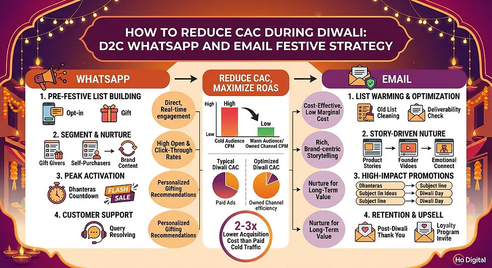 Diwali marketing infographic on reducing CAC with WhatsApp and email, showing lists, nurturing, ROAS, and festive promotions.
