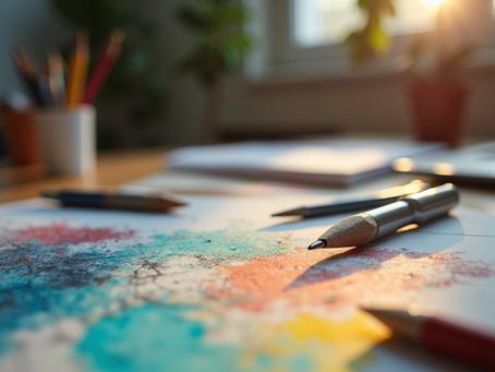Eye-level view of a colorful art desk with adaptive tools