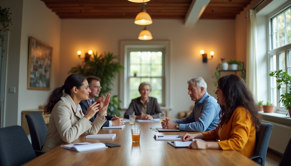 A diverse group of people of different ages sitting around a table in a cozy, plant-filled room. Pens, paper, and drinks are on the table as they smile and talk, creating a warm, welcoming space for open conversation and genuine connection.