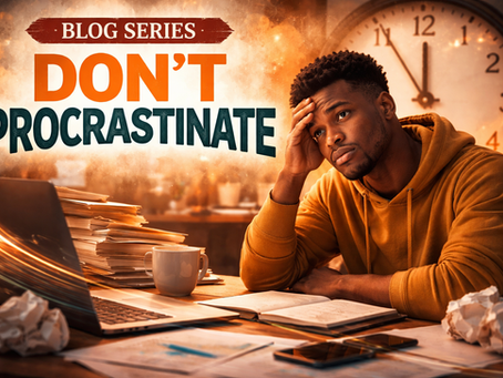 A man sits at a desk with his hands on his head, facing a computer, surrounded by books and scattered papers, with a large clock in the background and the words “Don’t Procrastinate” displayed.