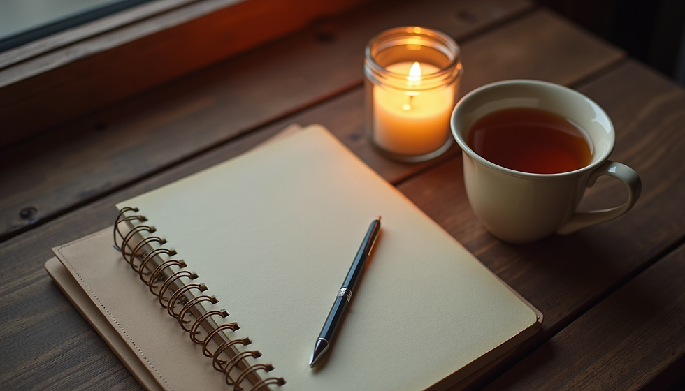 Eye-level view of a cozy journal and pen on a wooden table with soft evening light