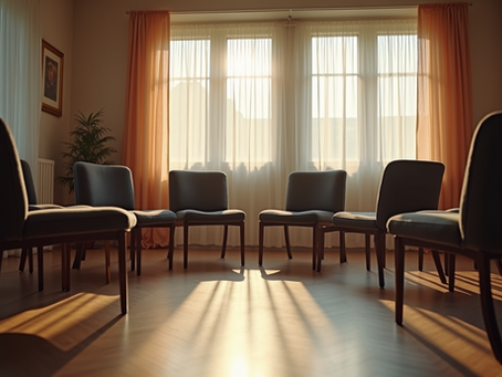 A circle of empty chairs arranged in a sunlit room, with warm light streaming through tall windows, symbolizing openness, safety, and the welcoming space of a peer support group.
