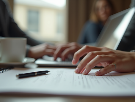 Eye-level view of a person typing on a laptop with a notebook and coffee nearby
