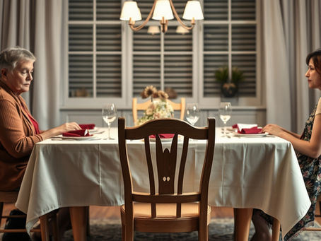 Empty chair at a family dinner table, symbolizing estrangement and loss.