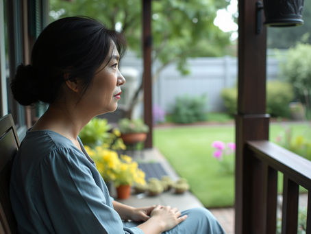 An older Asian woman sitting on a porch, looking out at a garden—reflecting on how childhood shaped her adult relationships.