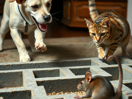 A rat navigating a maze while chased, symbolizing survival and life’s perspective for My Poetry Corner.