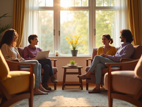 People sitting in a supportive circle, sharing stories and encouragement