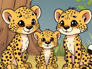 Cheetah cubs wrestling in the tall grass while their mother watches nearby in the wild