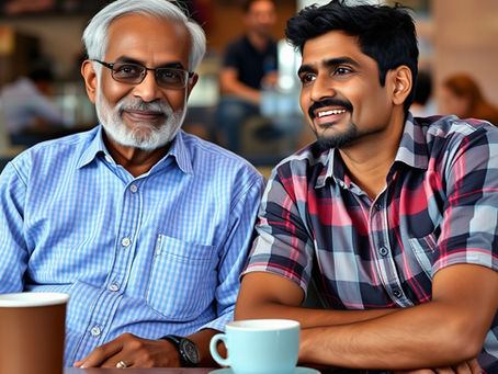 Two family members, a father and son, sitting together at a coffee shop, cautiously smiling as they reconnect.