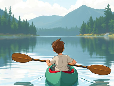 A boy paddling a kayak peacefully across a quiet lake, enjoying the beauty and stillness of nature for My Poetry Corner.