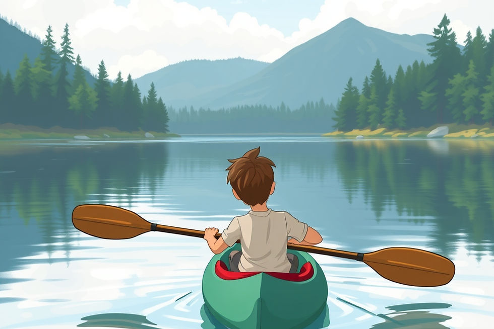 A boy paddling a kayak peacefully across a quiet lake, enjoying the beauty and stillness of nature for My Poetry Corner.