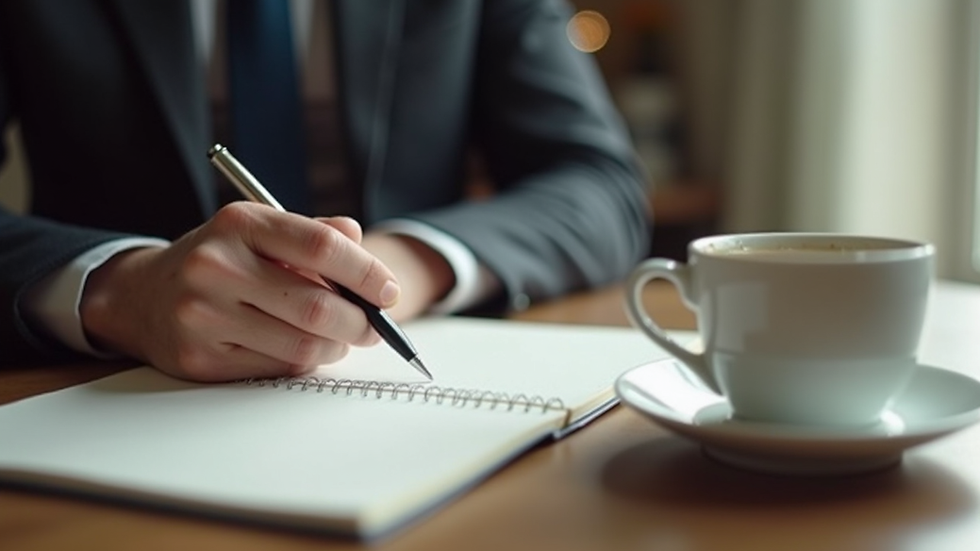 Close-up view of a hand writing in a notebook with a cup of tea nearby