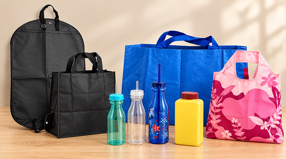 Custom packaging solutions including reusable bags and bottles