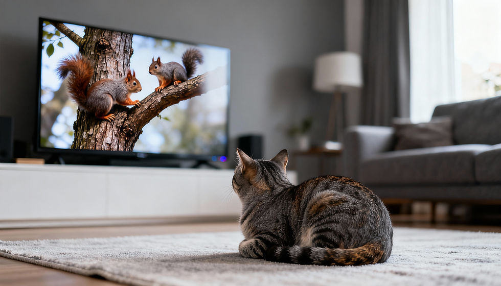 brown tabby cat watching squirrels on the tv screen