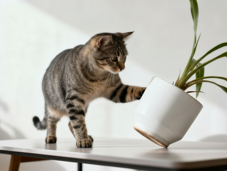 A gray tabby cat knocking a plant off of a table in Charleston