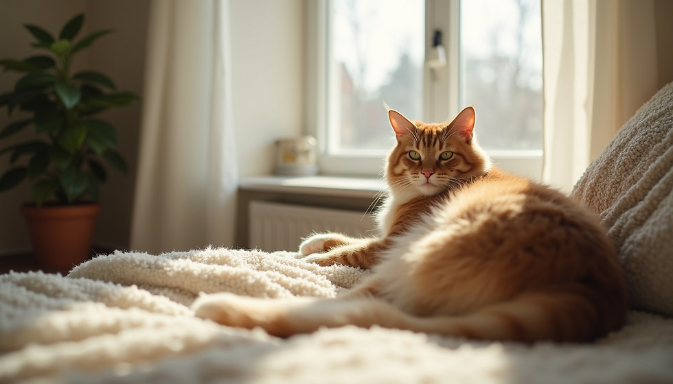 A fluffy orange tabby cat lounging by a window in an apartment in downtown Charleston SC