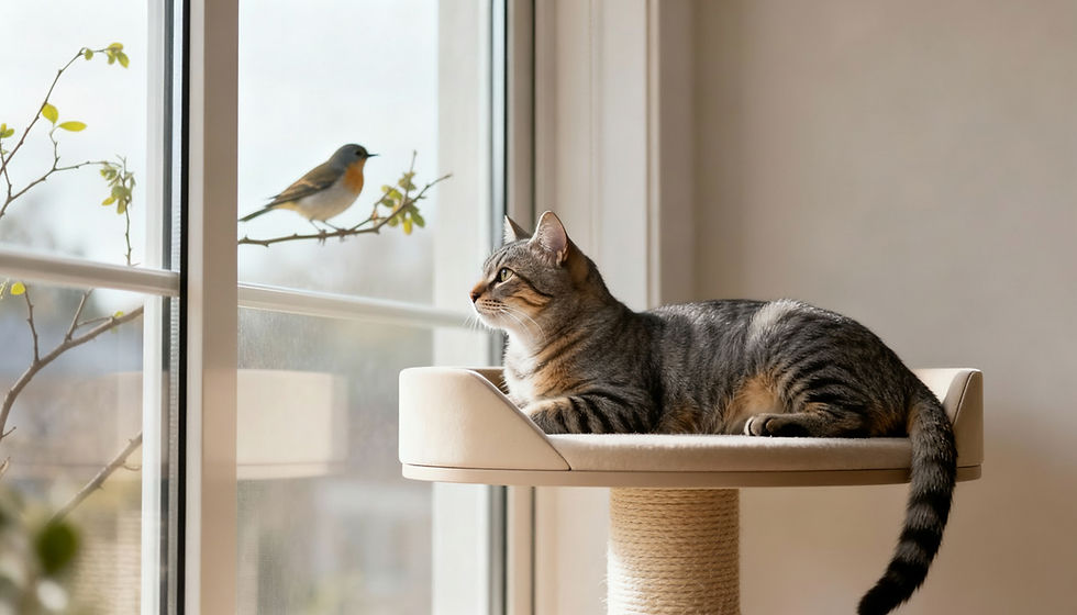 brown tabby cat sitting on a cat tree while watching a bird