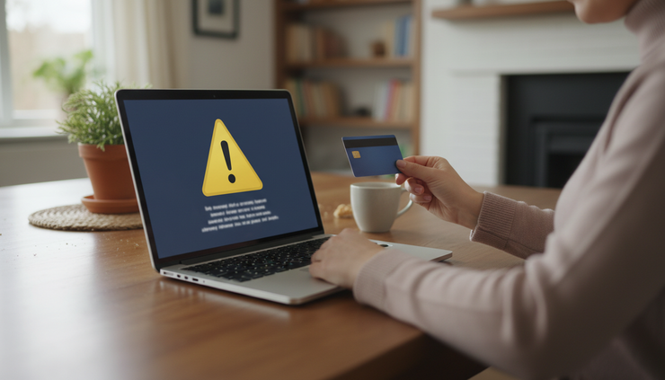 Eye-level view of a person holding a bank card away from a laptop screen