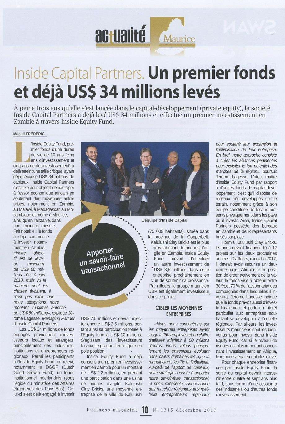 Article in Business Magazine Océan Indien, December 2017 issue