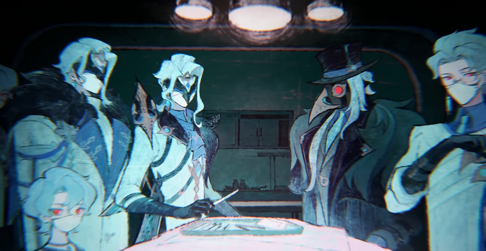 Momento macabro onde os fragmentos de Zandik se juntam para estudar seu corpo dissecado | Imagem: Genshin Impact