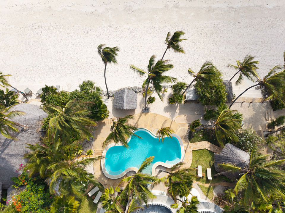 Drone view of Villa Kidosho private pool and beach at Boutique Hotel Matlai, Michamvi Pingwe, Zanzibar
