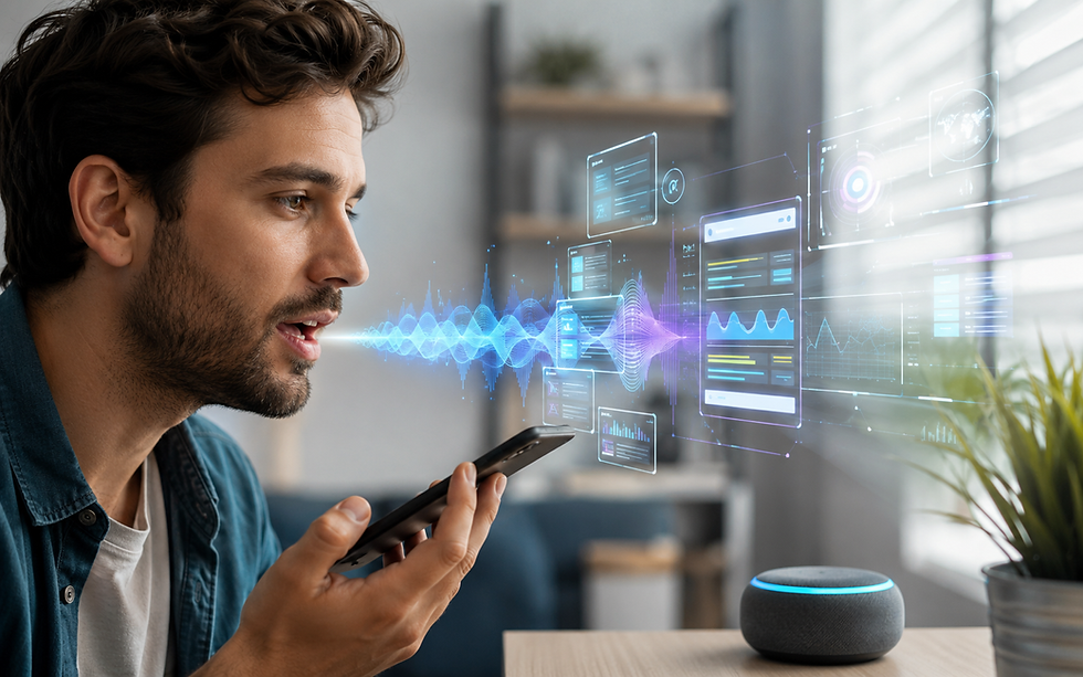 A photorealistic cinematic close-up of a man speaking into a smartphone while interacting with a smart speaker, with glowing holographic-style sound waves emerging from his voice and transforming into floating digital interface panels. The visuals show AI-driven search results and data dashboards forming in mid-air, representing voice input converting into structured SEO insights. The scene is set in a modern, softly lit indoor environment with shallow depth of field, realistic skin tones, and futuristic transparent UI overlays integrated into a real-world tech interaction.