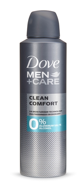 Dove 0 Men+Care Clean Comfort, diseñado para combatir el mal olor, su tecnología de 1⁄4 de
crema hidratante protege la piel contra la irritación y su fórmula libre de alcohol es fuerte contra el sudor, no con la piel. Brinda una
frescura duradera todo el día. (PVPR aerosol: 3,49€ 200ML y 2,99€ 150ML)