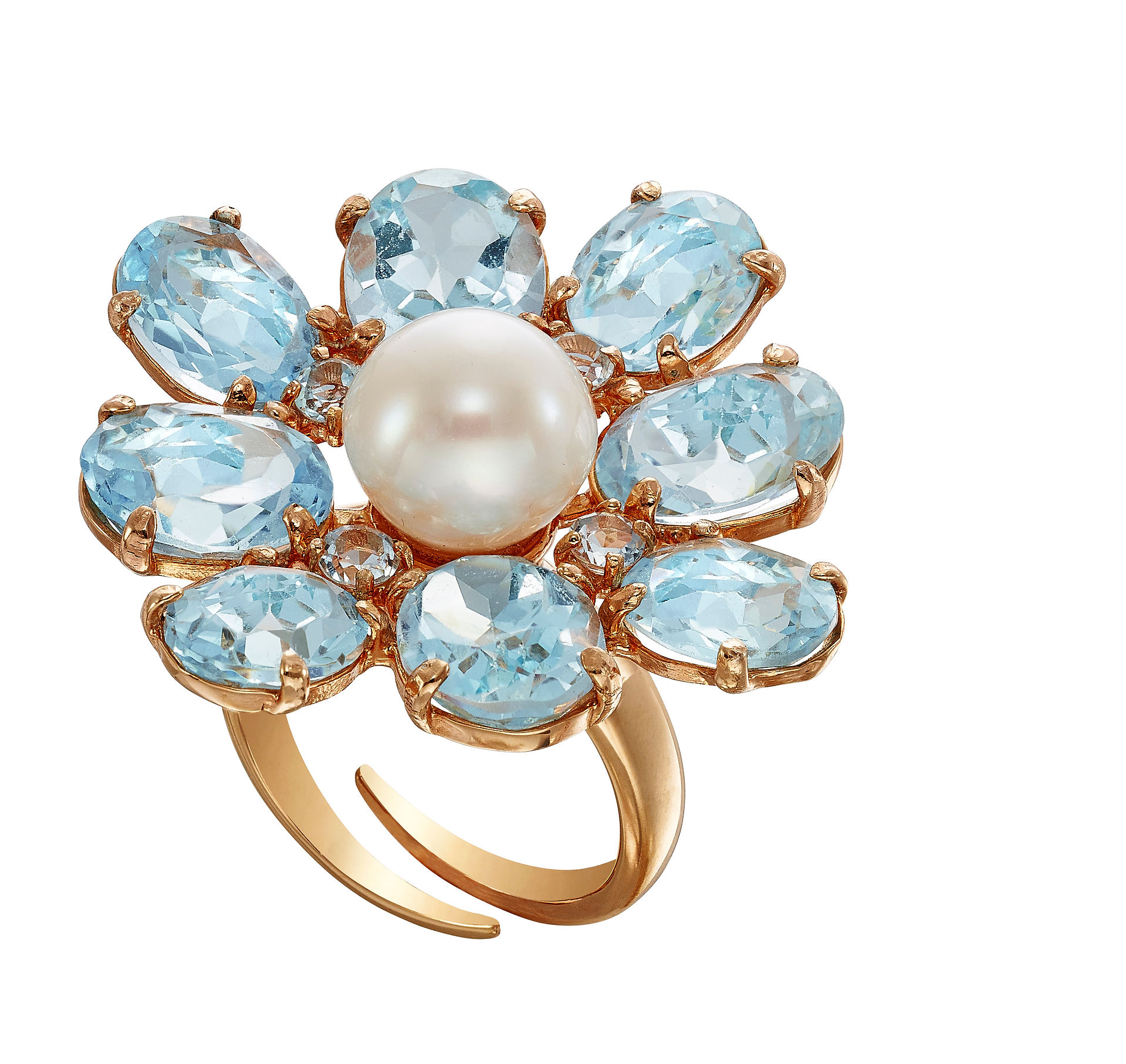 Sortija de plata dorada, topacios azules (580€)