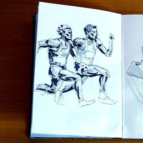 Illustration de coureurs au stylo à bille et marqueur dans mon carnet de dessin