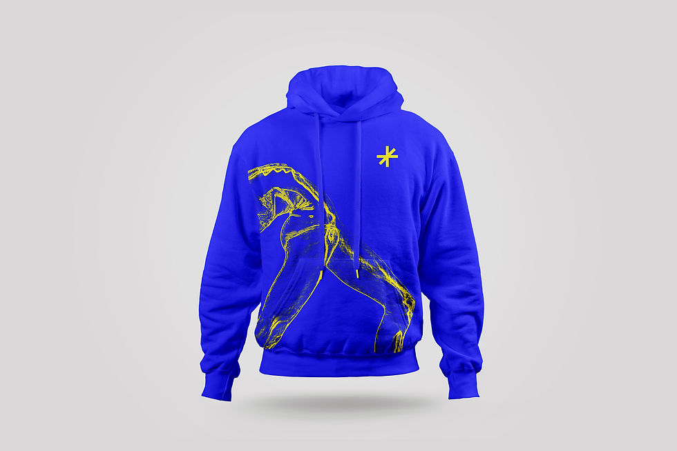 Sweat merchandising pour le Ballet du Nord avec un corps de danseur illustré en jaune sur fond bleu et logo en position coeur