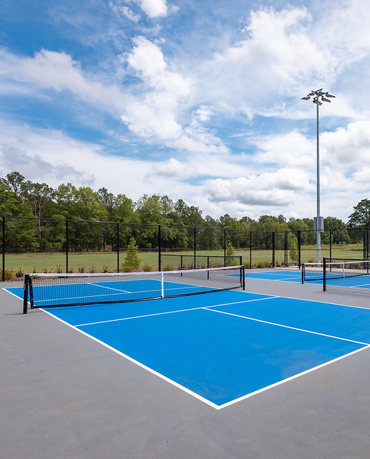 Outdoor blue pickleball courts designed for municipal use.