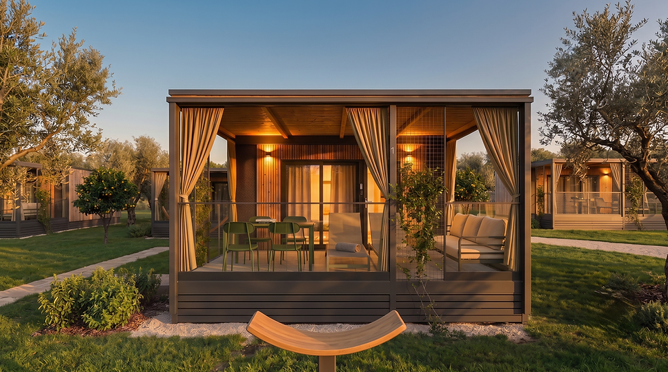 Couples Retreat premium mobile home exterior with covered terrace at dusk