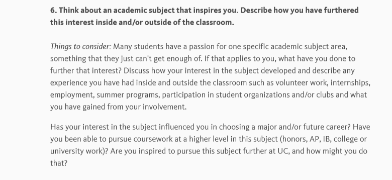 Instructions for answering University of California's sixth PIQ (Personal Insight Question) for undergrad applications 