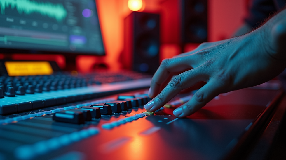 Close-up view of a mixing engineer adjusting audio levels on a digital audio workstation