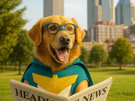A happy golden retriever in a teal superhero cape and glasses reading a newspaper in a sunny Nashville park with the city skyline behind him representing The Scoop Squad’s pet waste management service