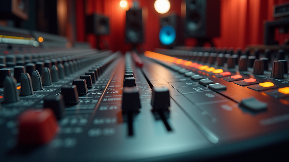 Close-up view of sound mixing equipment in a recording studio