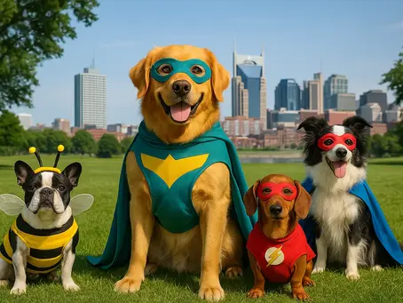 Golden retriever and dog friends in superhero costumes in a sunny Nashville park representing The Scoop Squad
