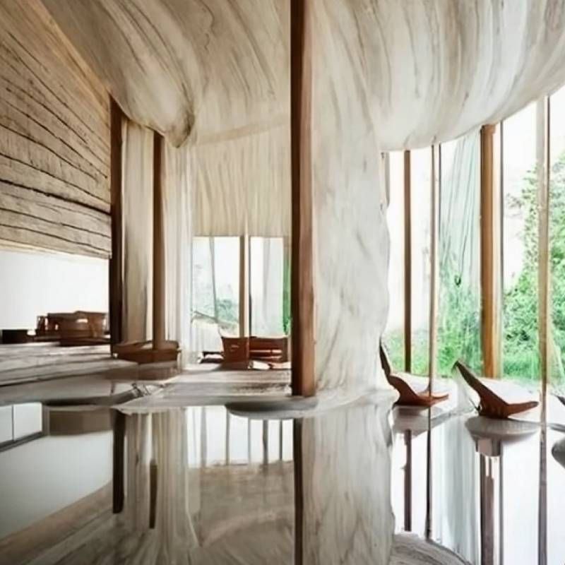 Intérieur épurée donnant sur un extérieur plein de verdure.