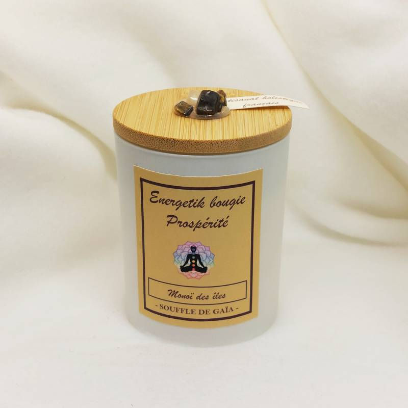 Miniature : bougie lithothérapie prospérité  fermée par son couvercle en bois orné de pierre lithothérapie